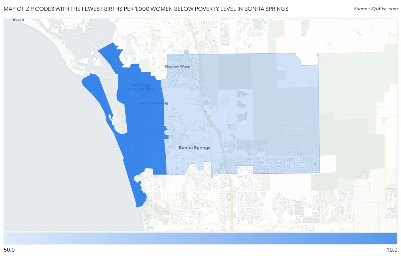 Zip Codes with the Fewest Births per 1,000 Women Below Poverty Level in Bonita Springs Map