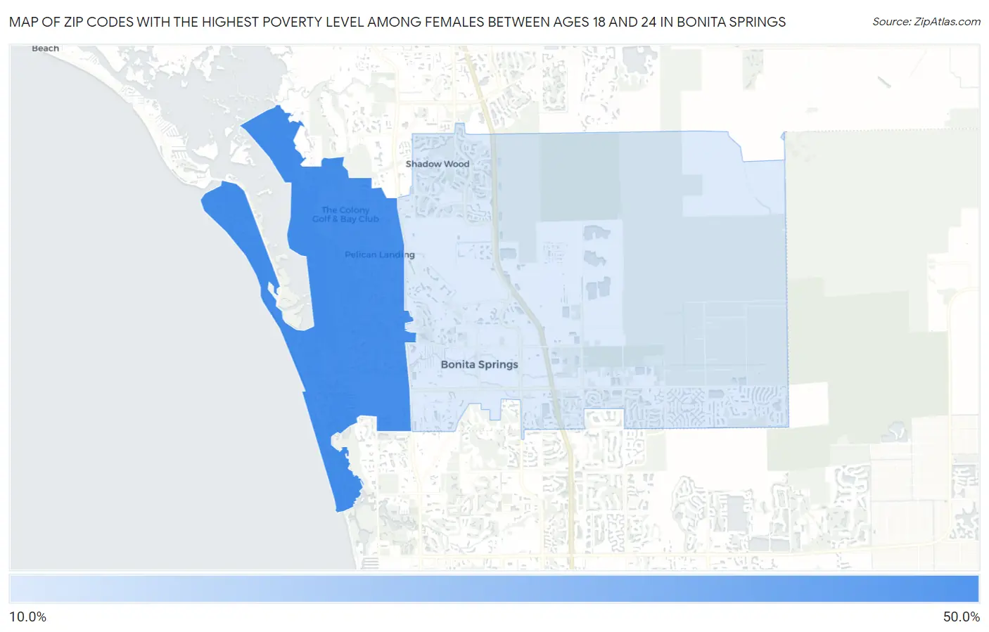 Zip Codes with the Highest Poverty Level Among Females Between Ages 18 and 24 in Bonita Springs Map
