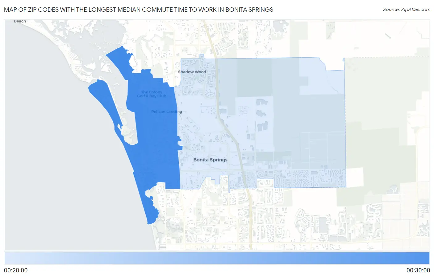 Zip Codes with the Longest Median Commute Time to Work in Bonita Springs Map