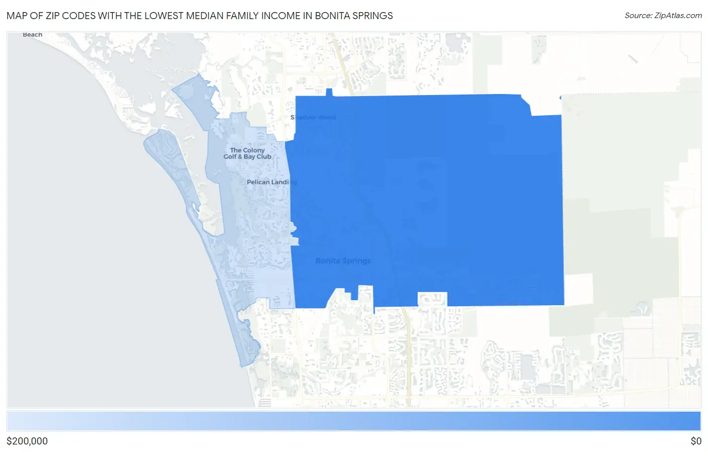 Zip Codes with the Lowest Median Family Income in Bonita Springs Map
