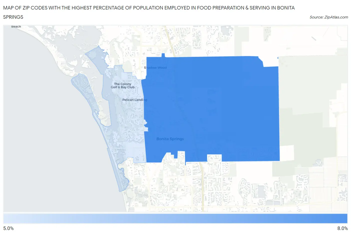 Zip Codes with the Highest Percentage of Population Employed in Food Preparation & Serving in Bonita Springs Map