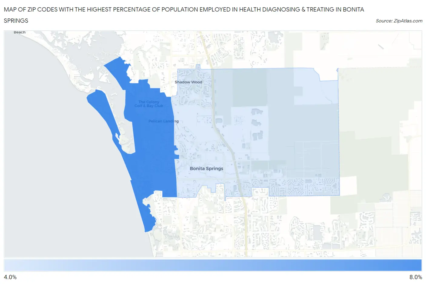 Zip Codes with the Highest Percentage of Population Employed in Health Diagnosing & Treating in Bonita Springs Map