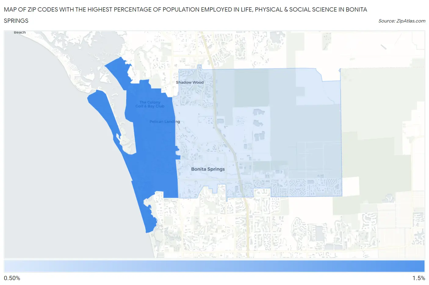 Zip Codes with the Highest Percentage of Population Employed in Life, Physical & Social Science in Bonita Springs Map