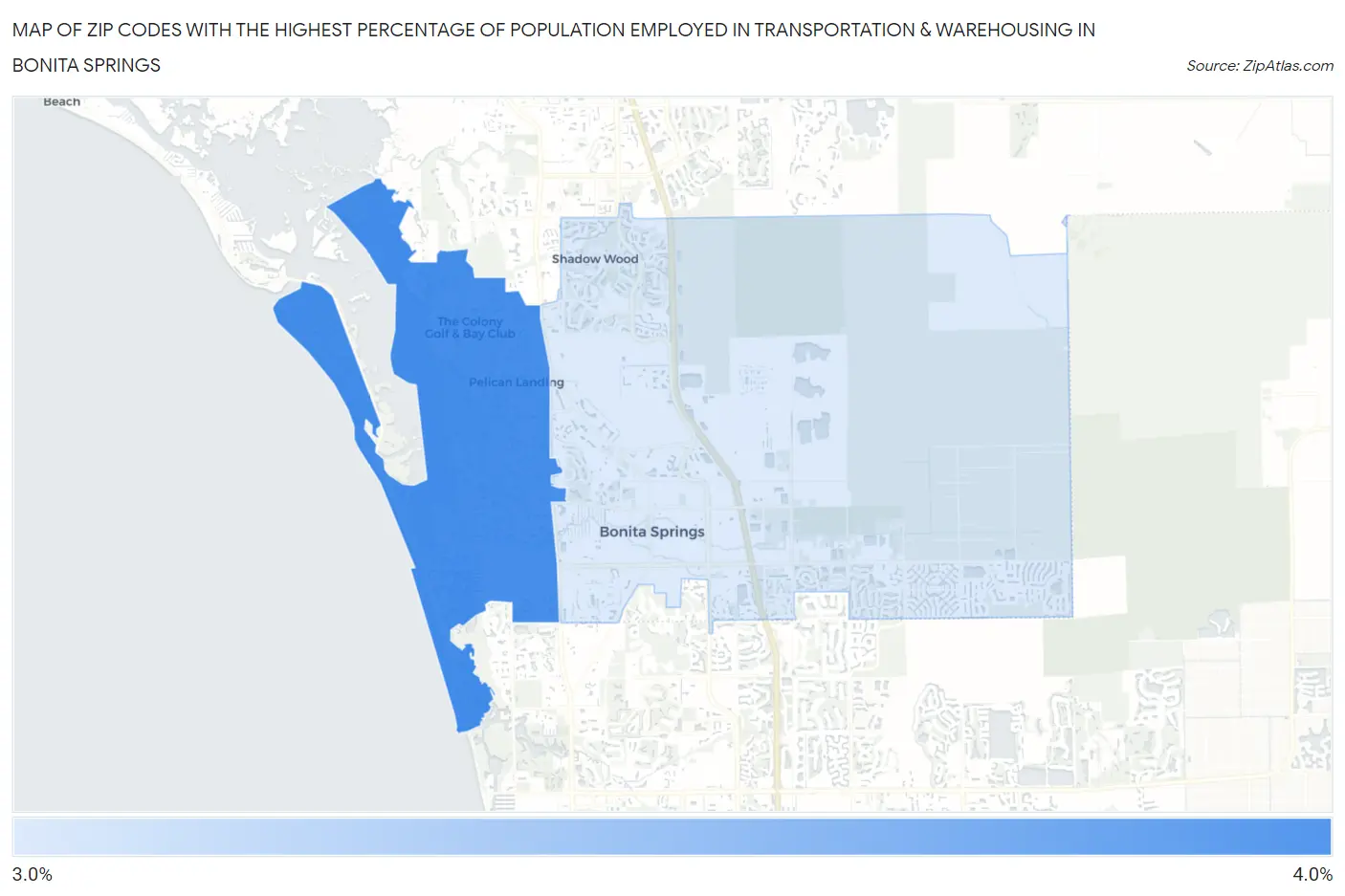 Zip Codes with the Highest Percentage of Population Employed in Transportation & Warehousing in Bonita Springs Map