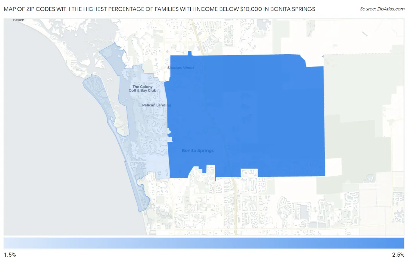 Zip Codes with the Highest Percentage of Families with Income Below $10,000 in Bonita Springs Map