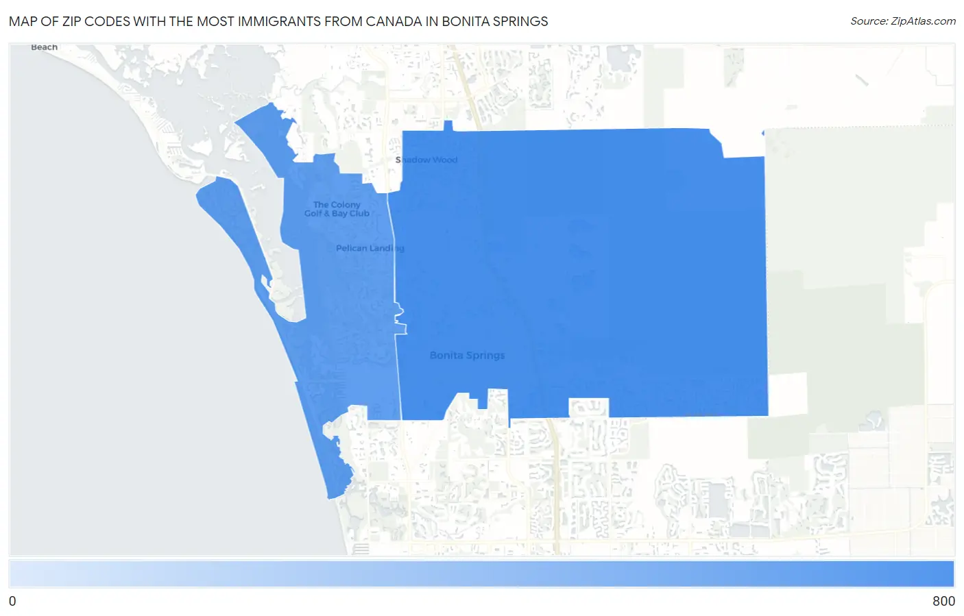 Zip Codes with the Most Immigrants from Canada in Bonita Springs Map