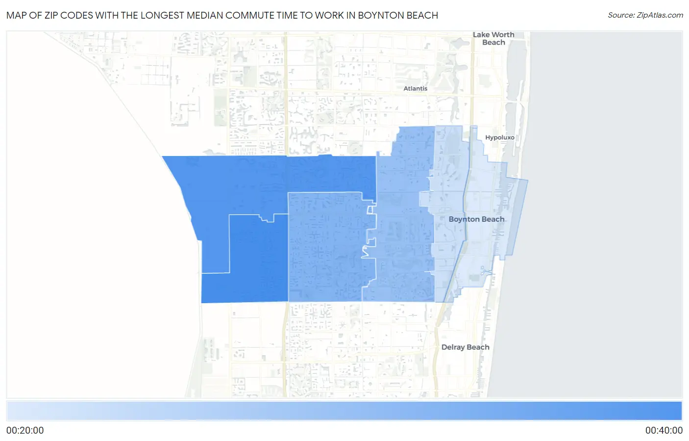 Zip Codes with the Longest Median Commute Time to Work in Boynton Beach Map