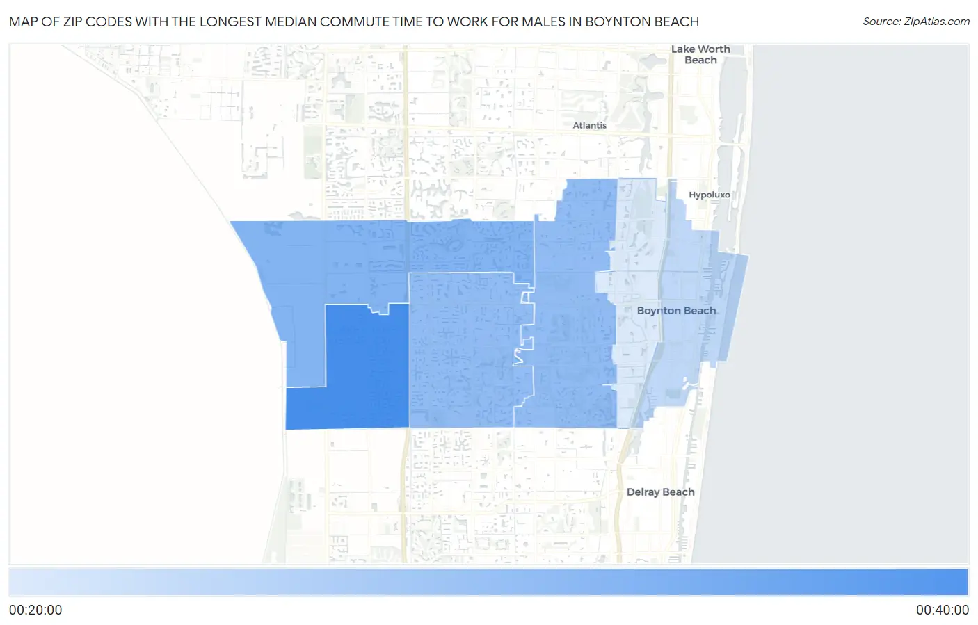 Zip Codes with the Longest Median Commute Time to Work for Males in Boynton Beach Map