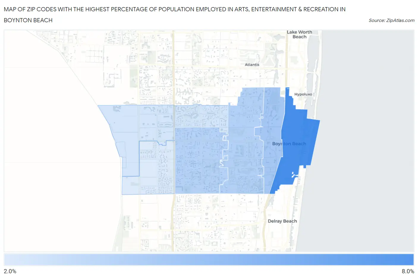 Zip Codes with the Highest Percentage of Population Employed in Arts, Entertainment & Recreation in Boynton Beach Map