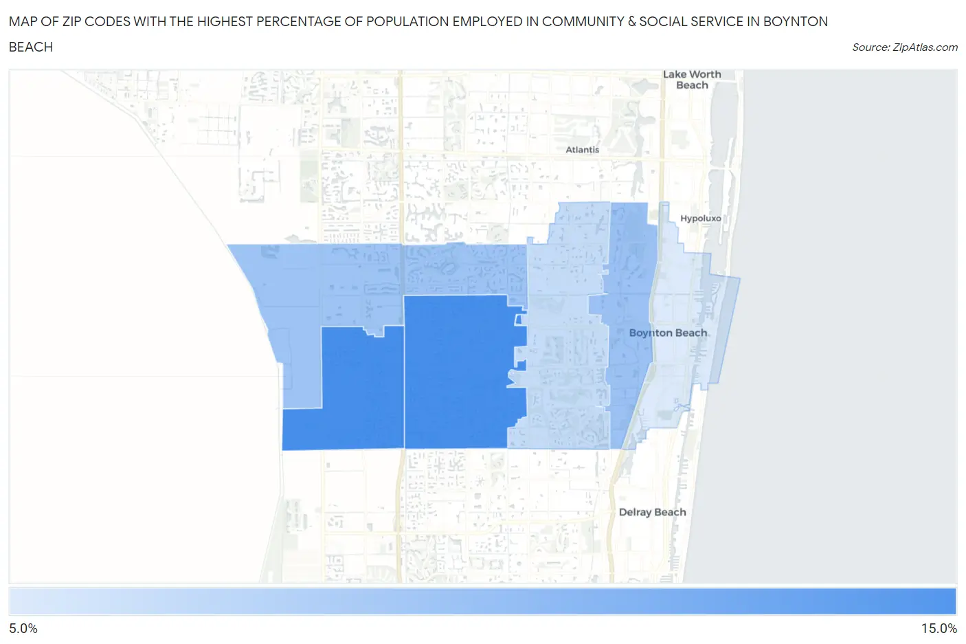Zip Codes with the Highest Percentage of Population Employed in Community & Social Service  in Boynton Beach Map