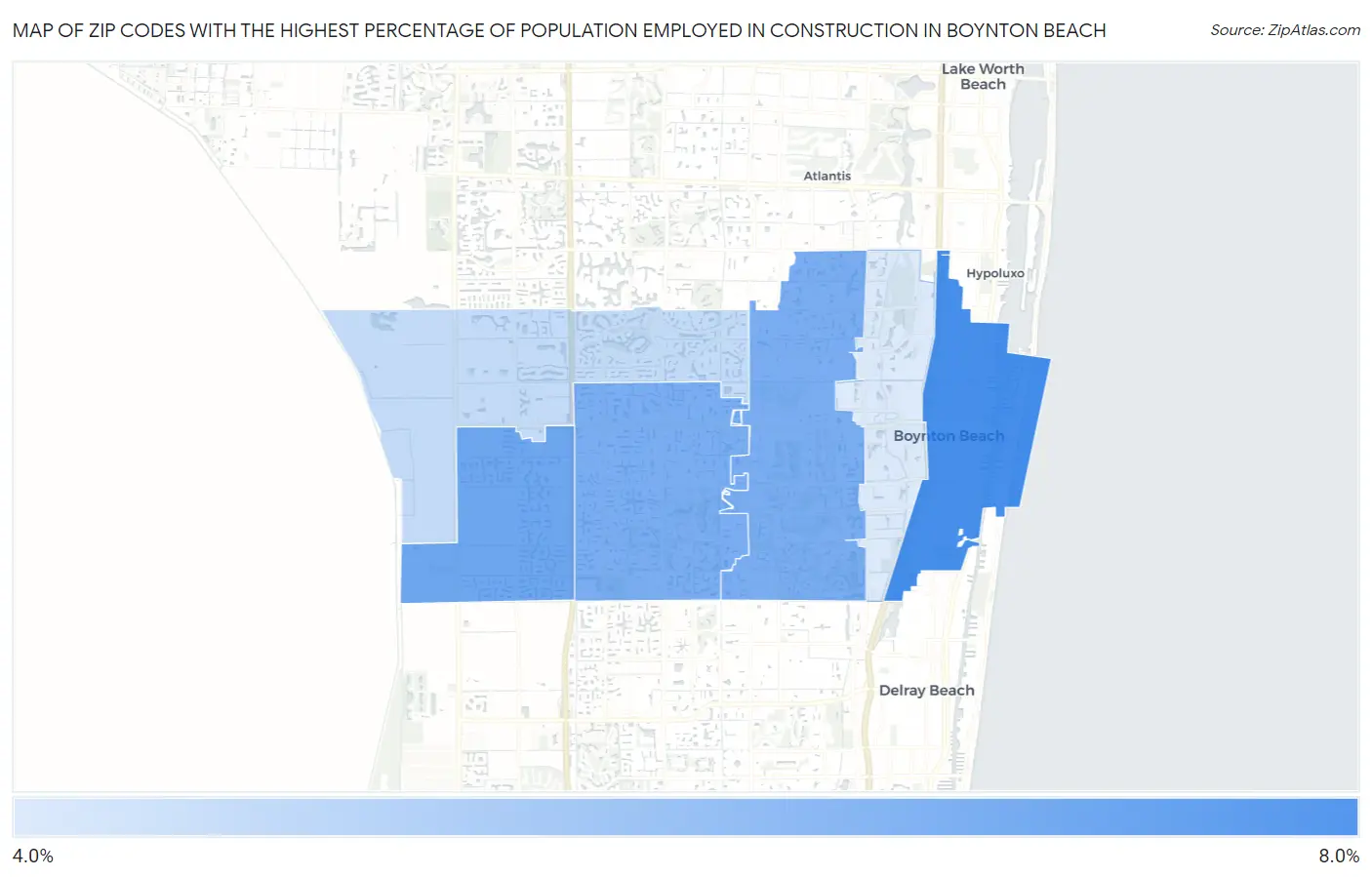 Zip Codes with the Highest Percentage of Population Employed in Construction in Boynton Beach Map