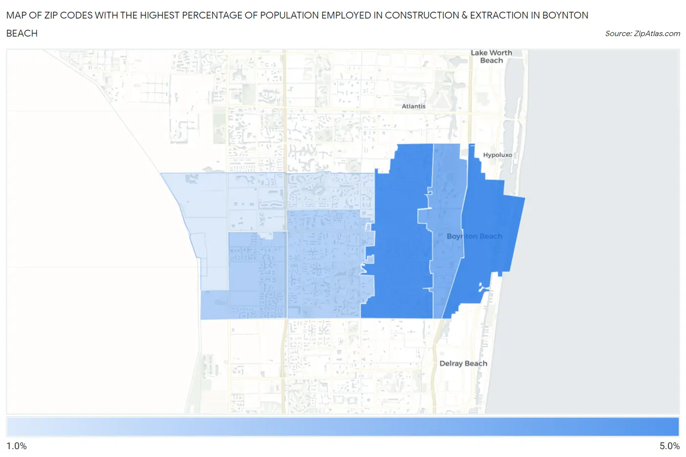 Zip Codes with the Highest Percentage of Population Employed in Construction & Extraction in Boynton Beach Map
