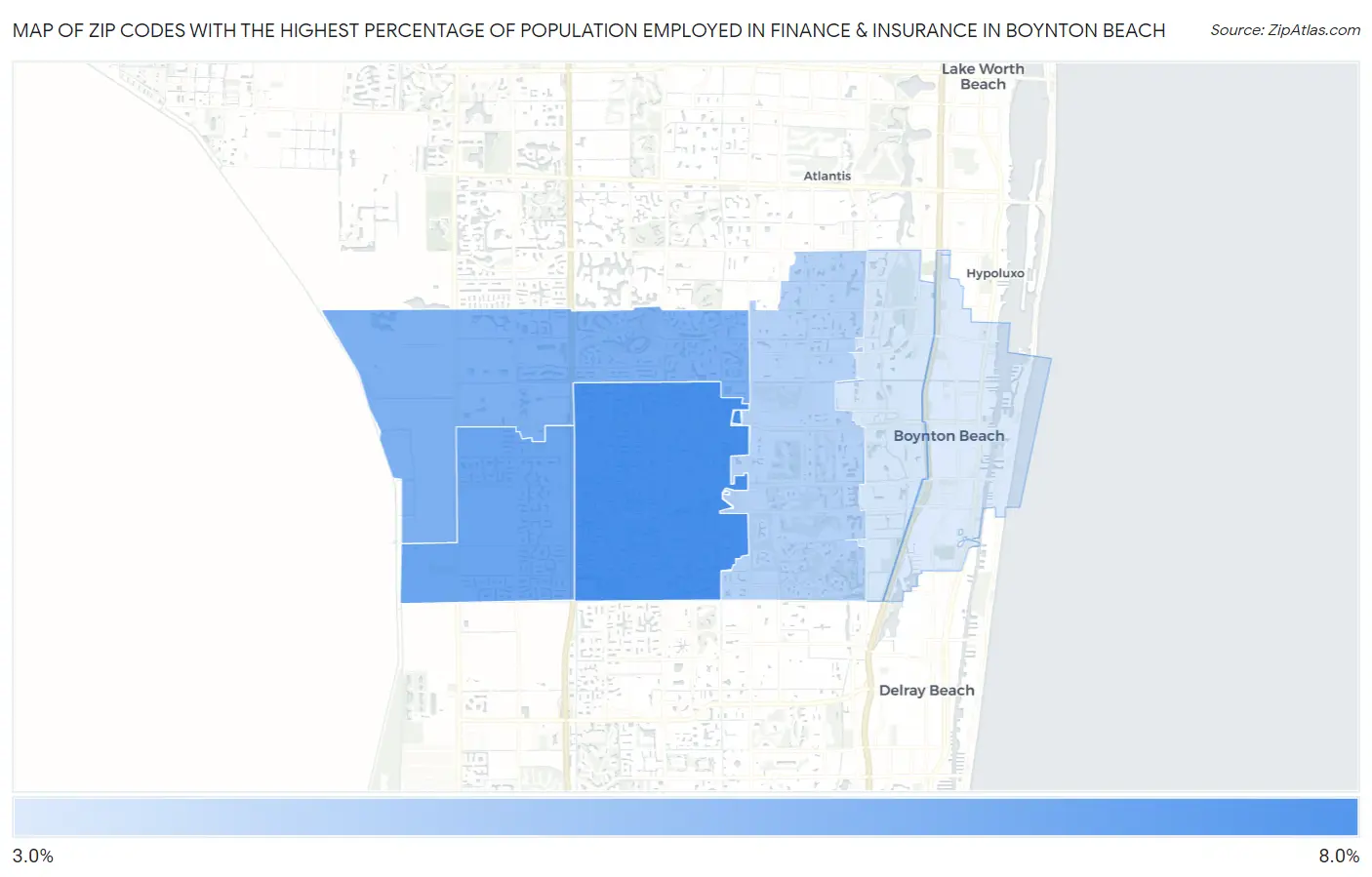 Zip Codes with the Highest Percentage of Population Employed in Finance & Insurance in Boynton Beach Map