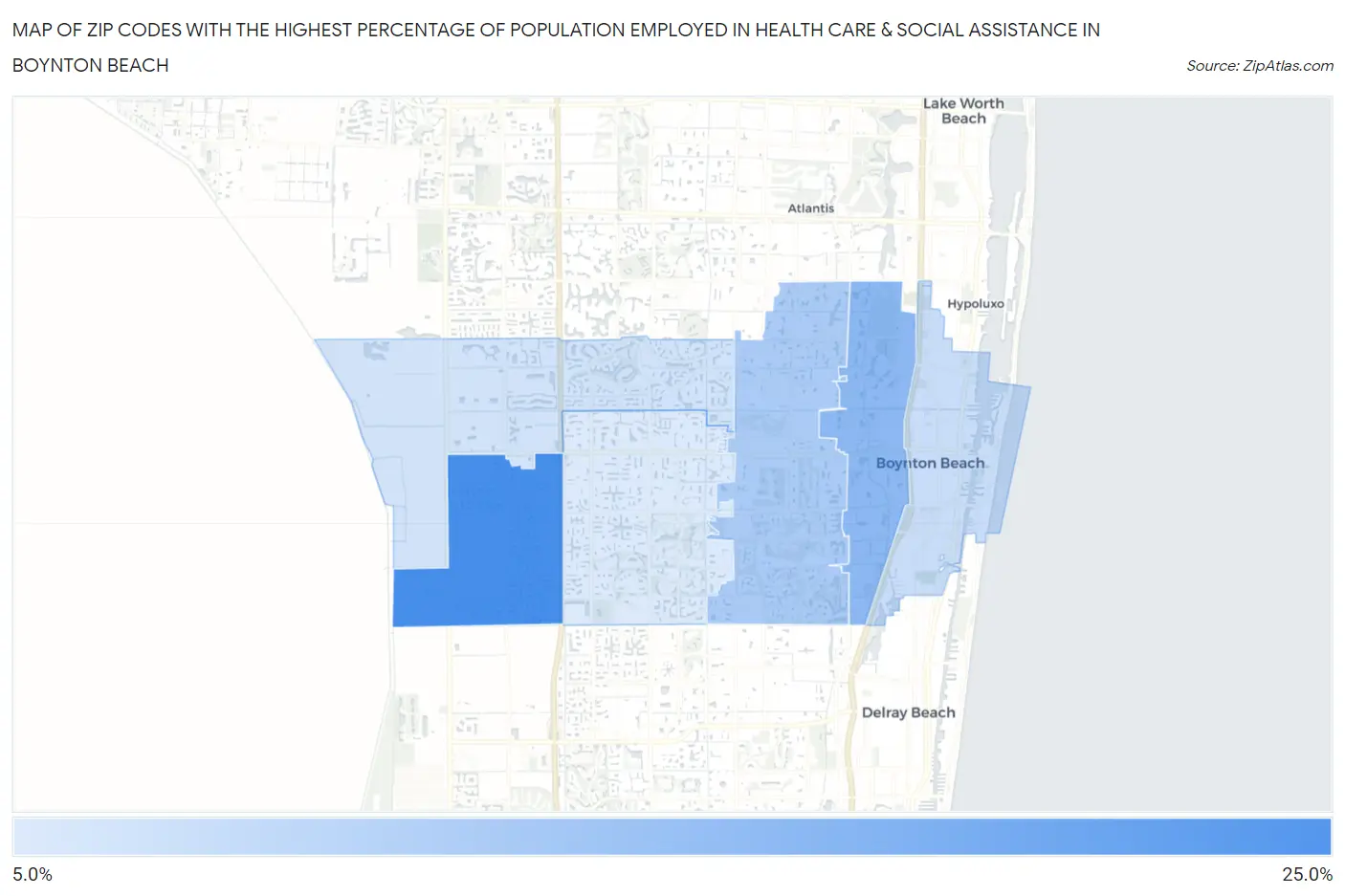 Zip Codes with the Highest Percentage of Population Employed in Health Care & Social Assistance in Boynton Beach Map