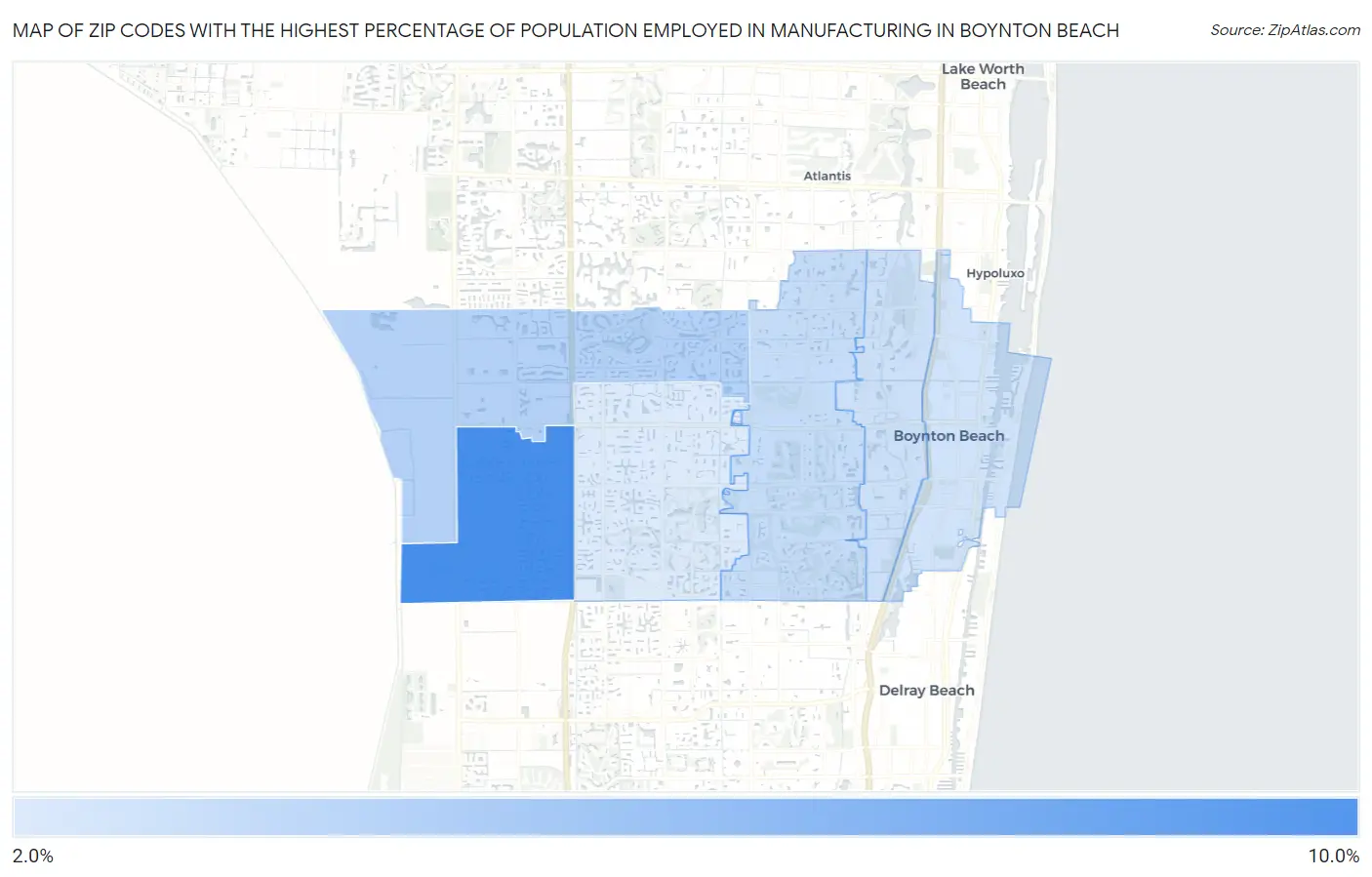 Zip Codes with the Highest Percentage of Population Employed in Manufacturing in Boynton Beach Map