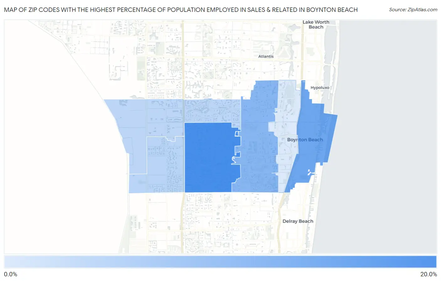 Zip Codes with the Highest Percentage of Population Employed in Sales & Related in Boynton Beach Map
