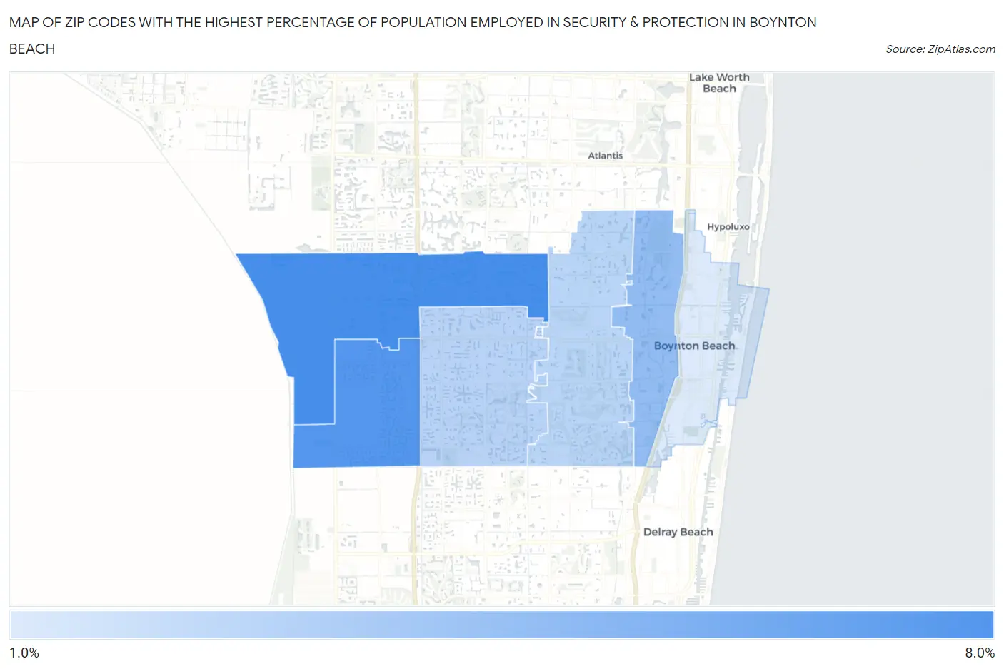 Zip Codes with the Highest Percentage of Population Employed in Security & Protection in Boynton Beach Map