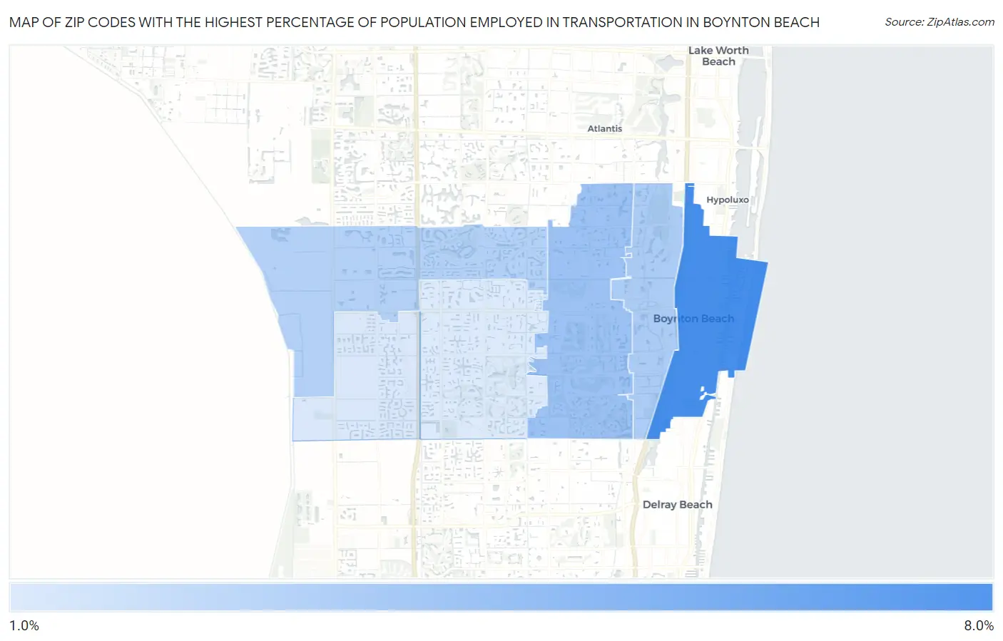 Zip Codes with the Highest Percentage of Population Employed in Transportation in Boynton Beach Map