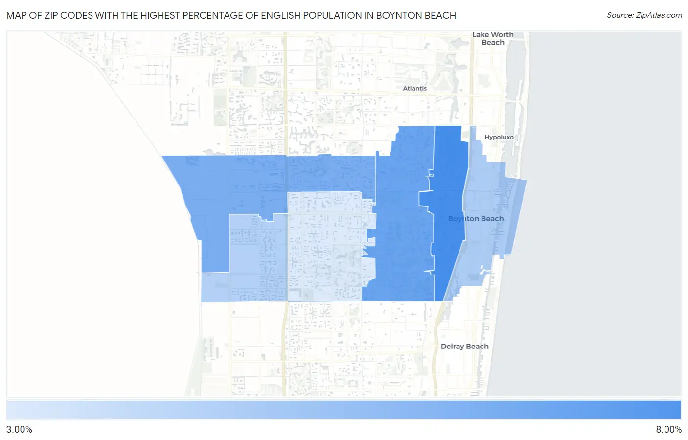 Zip Codes with the Highest Percentage of English Population in Boynton Beach Map