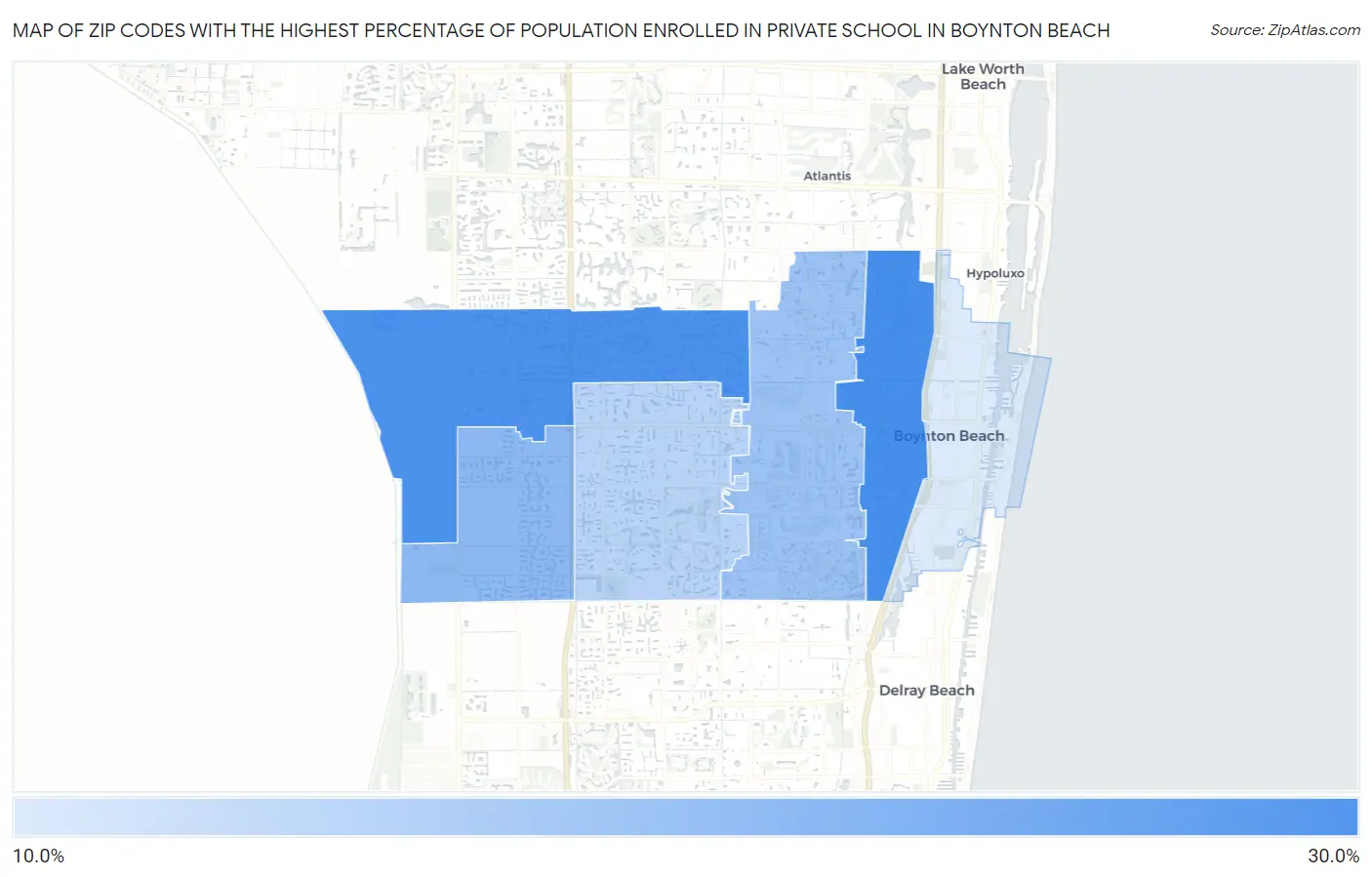 Zip Codes with the Highest Percentage of Population Enrolled in Private School in Boynton Beach Map