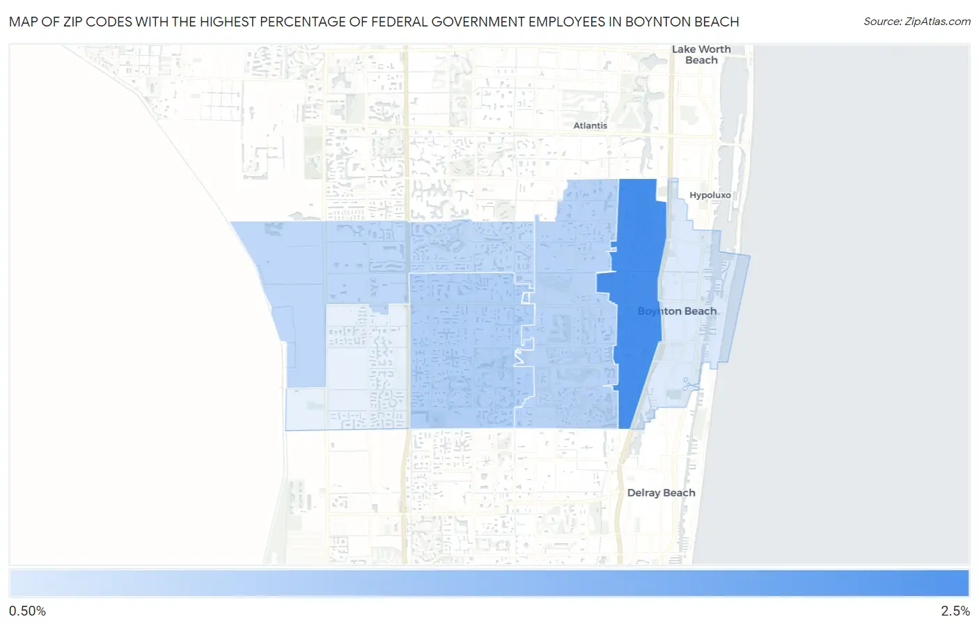 Zip Codes with the Highest Percentage of Federal Government Employees in Boynton Beach Map