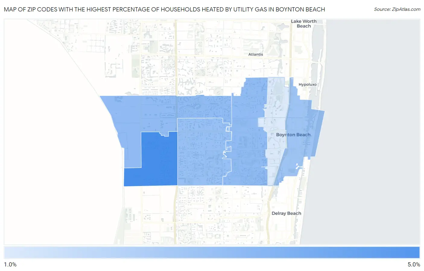 Zip Codes with the Highest Percentage of Households Heated by Utility Gas in Boynton Beach Map