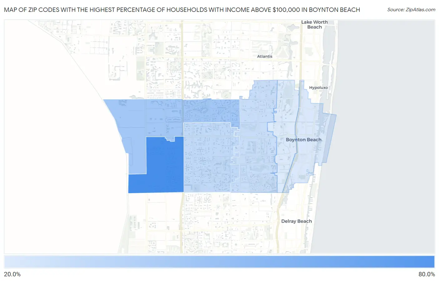 Zip Codes with the Highest Percentage of Households with Income Above $100,000 in Boynton Beach Map