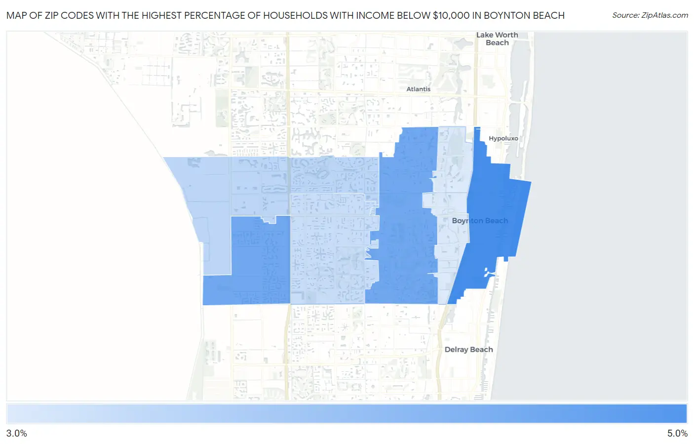 Zip Codes with the Highest Percentage of Households with Income Below $10,000 in Boynton Beach Map