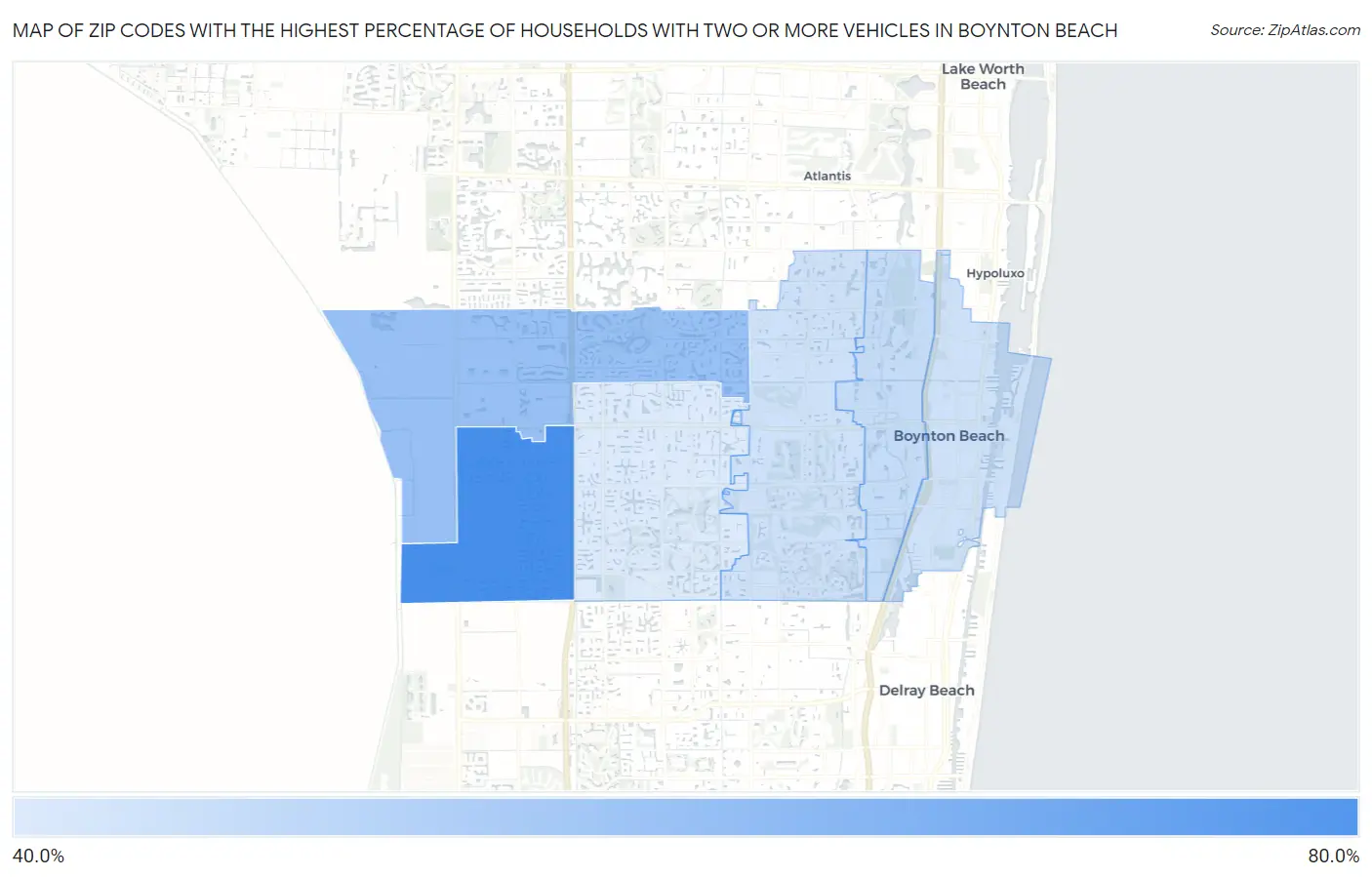 Zip Codes with the Highest Percentage of Households With Two or more Vehicles in Boynton Beach Map