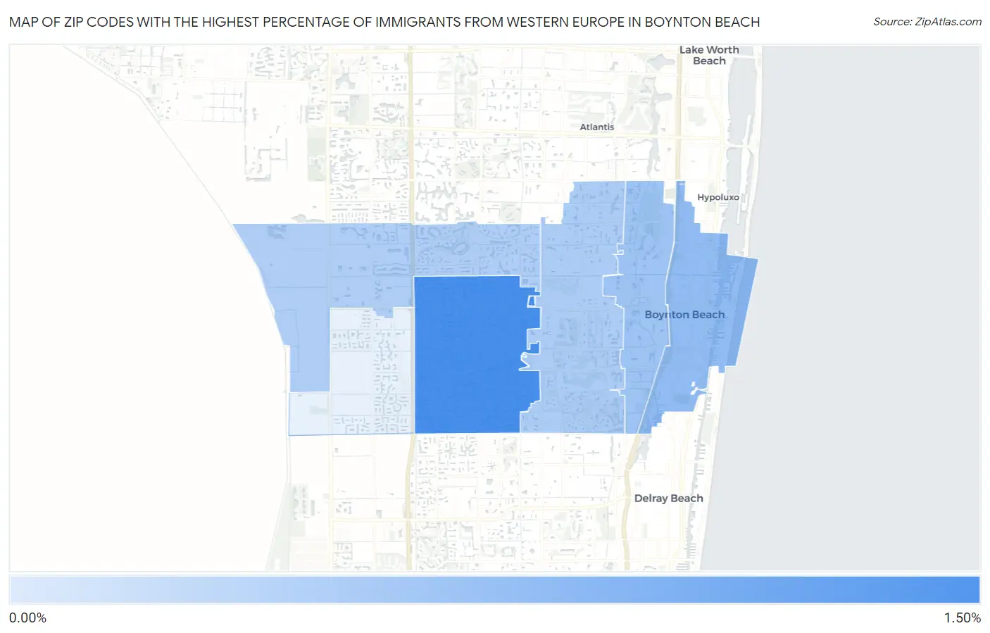 Zip Codes with the Highest Percentage of Immigrants from Western Europe in Boynton Beach Map