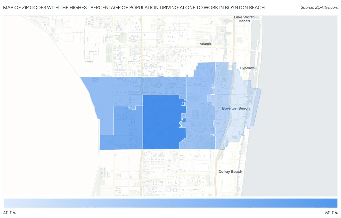 Zip Codes with the Highest Percentage of Population Driving Alone to Work in Boynton Beach Map