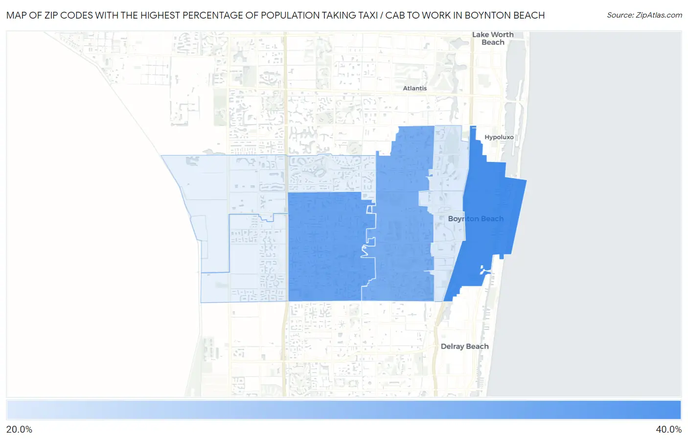 Zip Codes with the Highest Percentage of Population Taking Taxi / Cab to Work in Boynton Beach Map