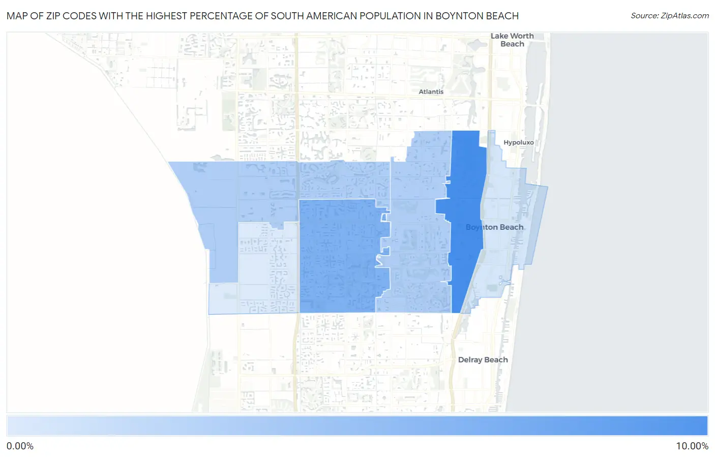 Zip Codes with the Highest Percentage of South American Population in Boynton Beach Map