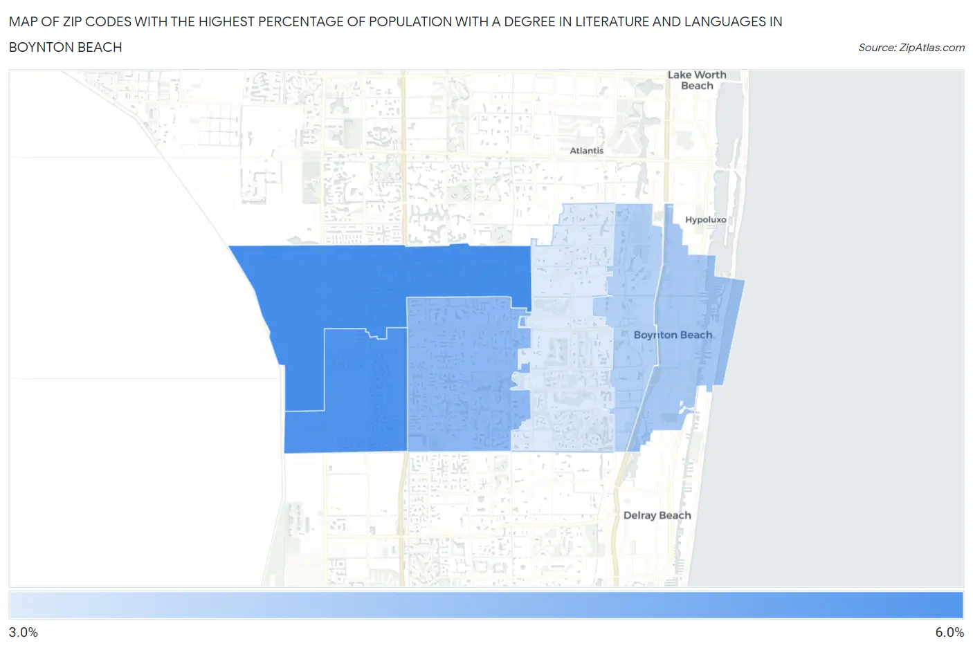 Zip Codes with the Highest Percentage of Population with a Degree in Literature and Languages in Boynton Beach Map