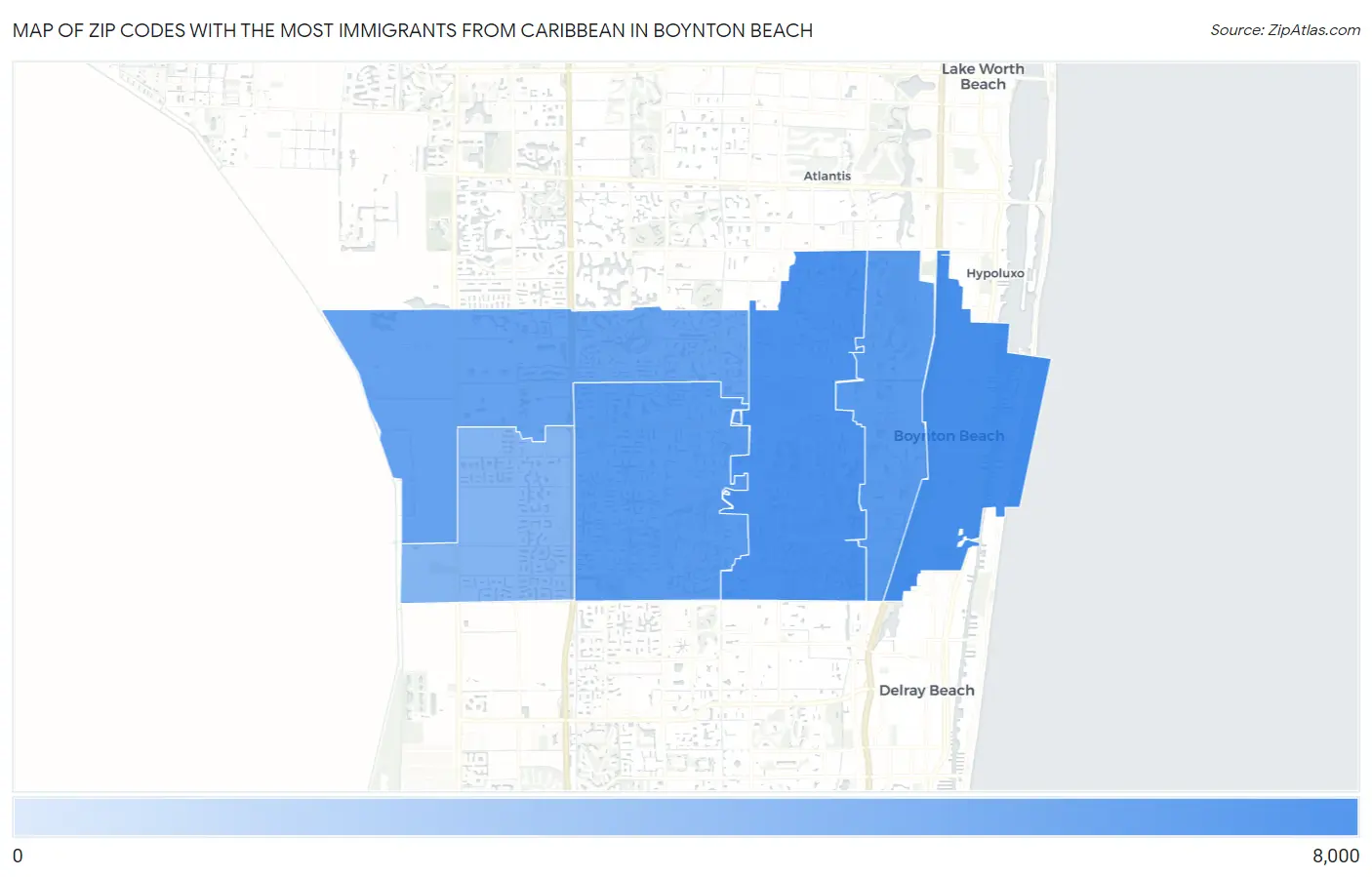 Zip Codes with the Most Immigrants from Caribbean in Boynton Beach Map