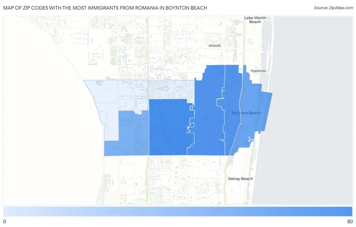 Zip Codes with the Most Immigrants from Romania in Boynton Beach Map