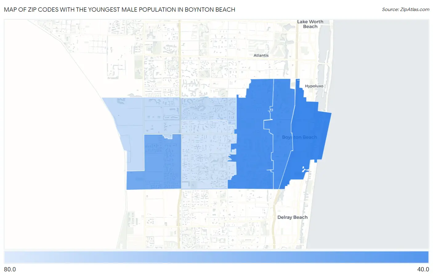 Zip Codes with the Youngest Male Population in Boynton Beach Map