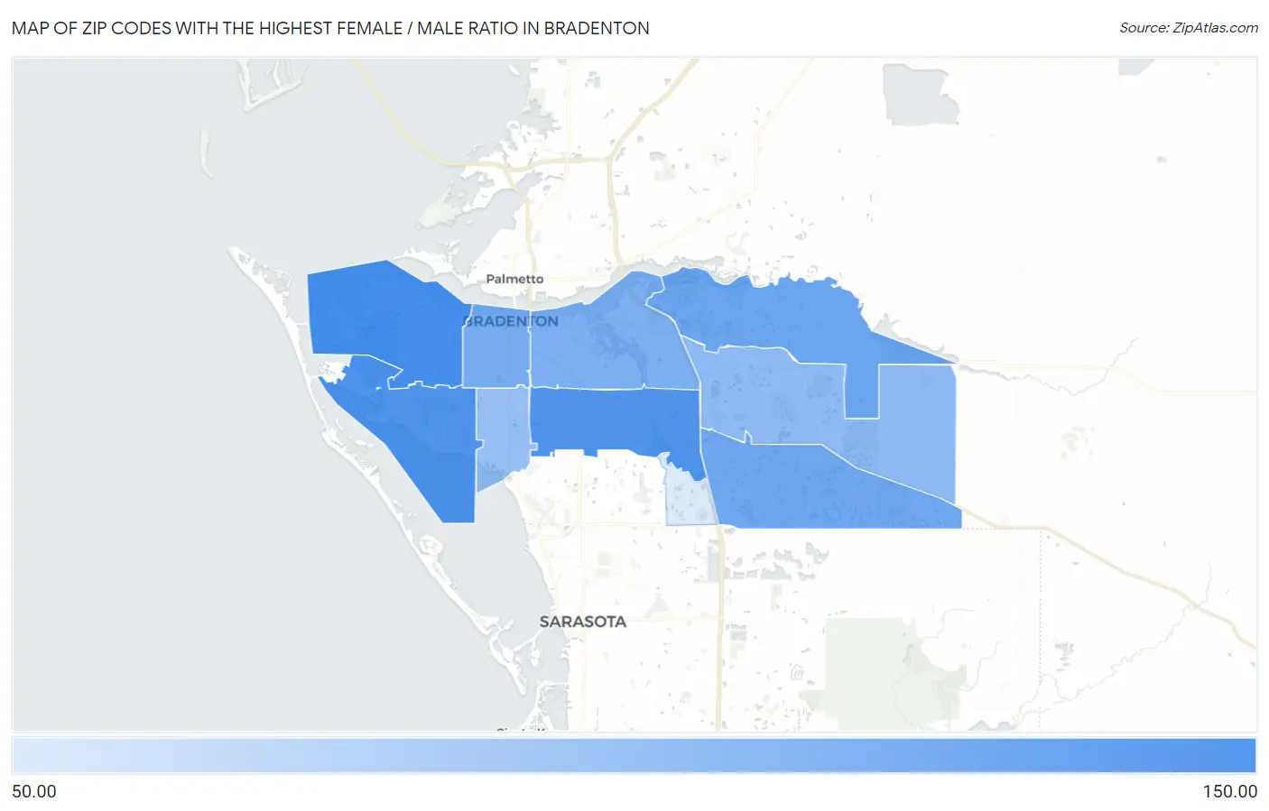 Zip Codes with the Highest Female / Male Ratio in Bradenton Map