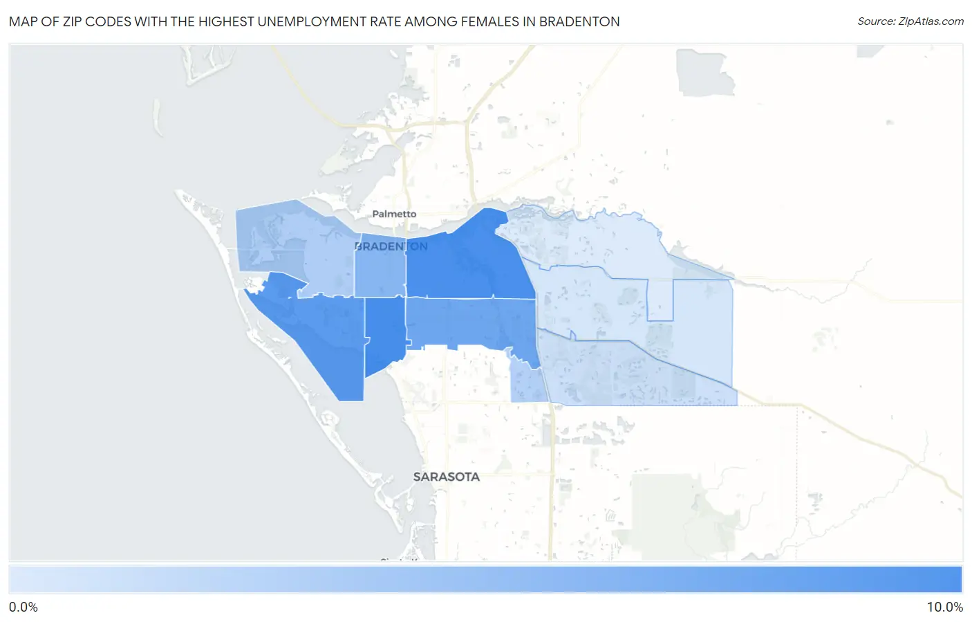 Zip Codes with the Highest Unemployment Rate Among Females in Bradenton Map