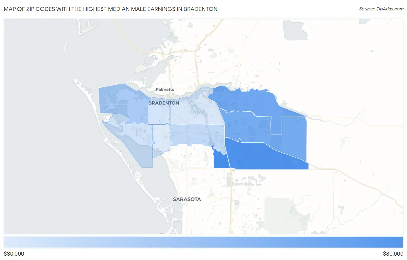 Zip Codes with the Highest Median Male Earnings in Bradenton Map