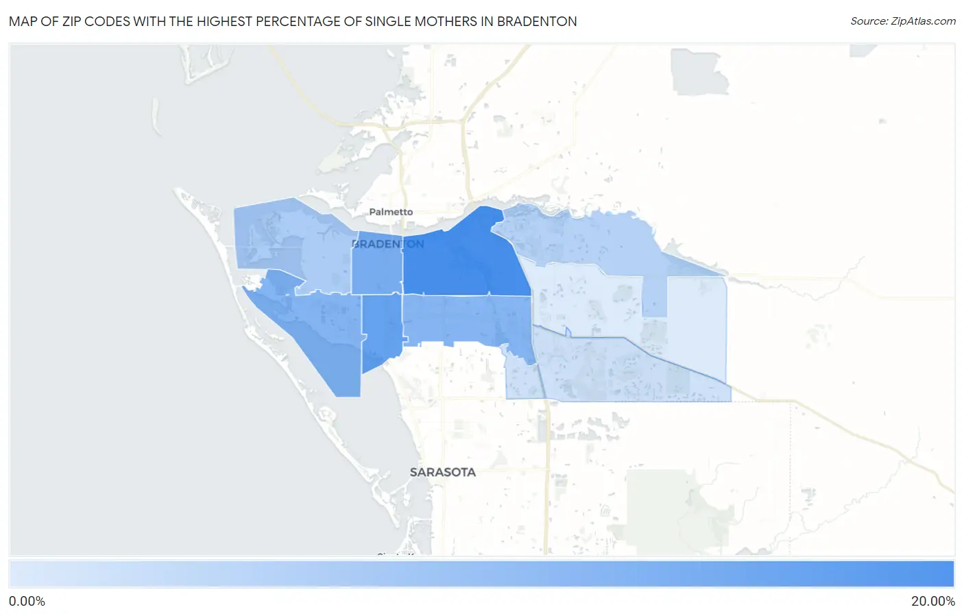 Zip Codes with the Highest Percentage of Single Mothers in Bradenton Map