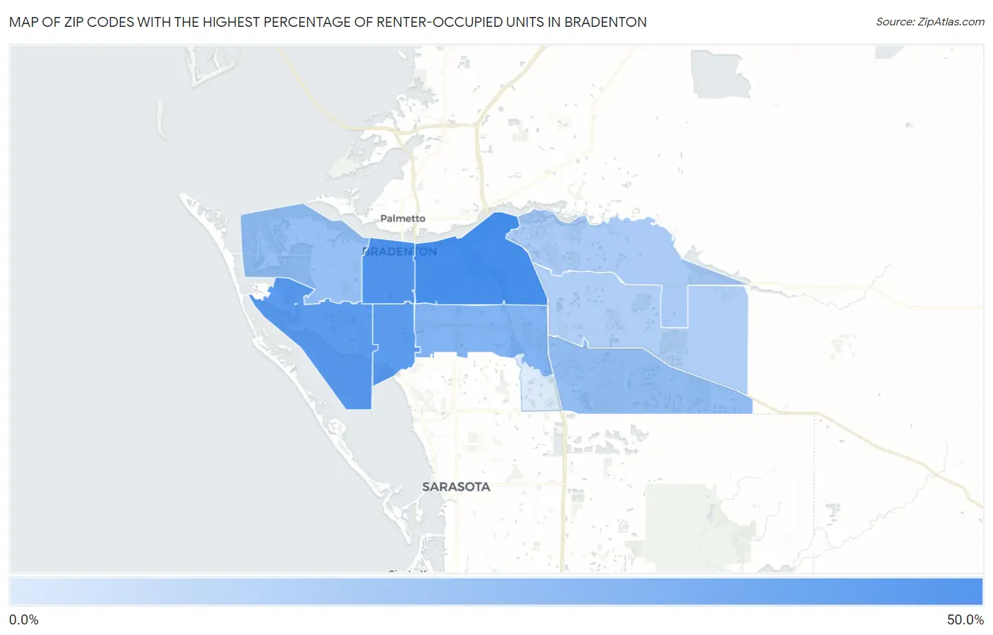Zip Codes with the Highest Percentage of Renter-Occupied Units in Bradenton Map