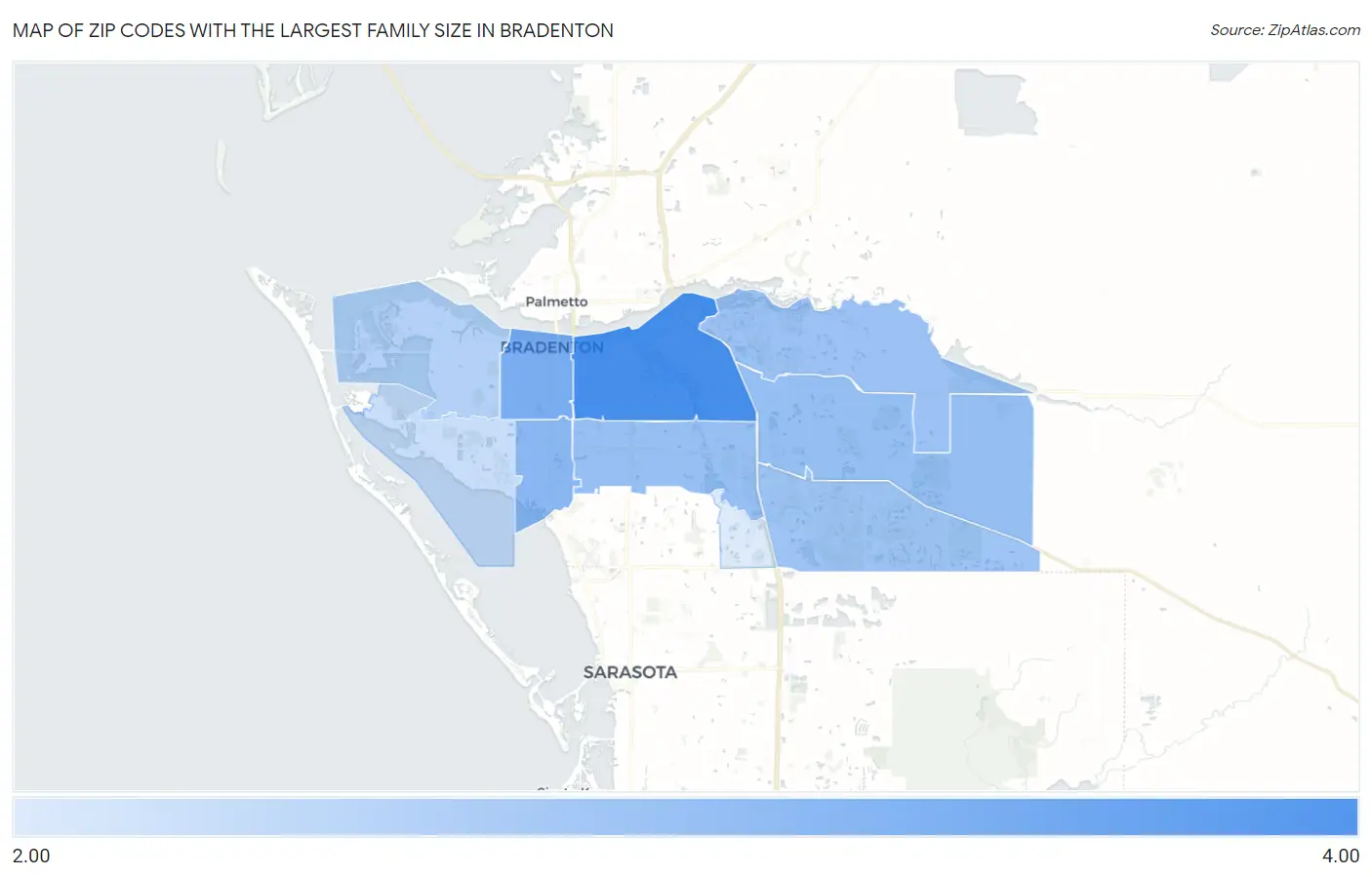 Zip Codes with the Largest Family Size in Bradenton Map