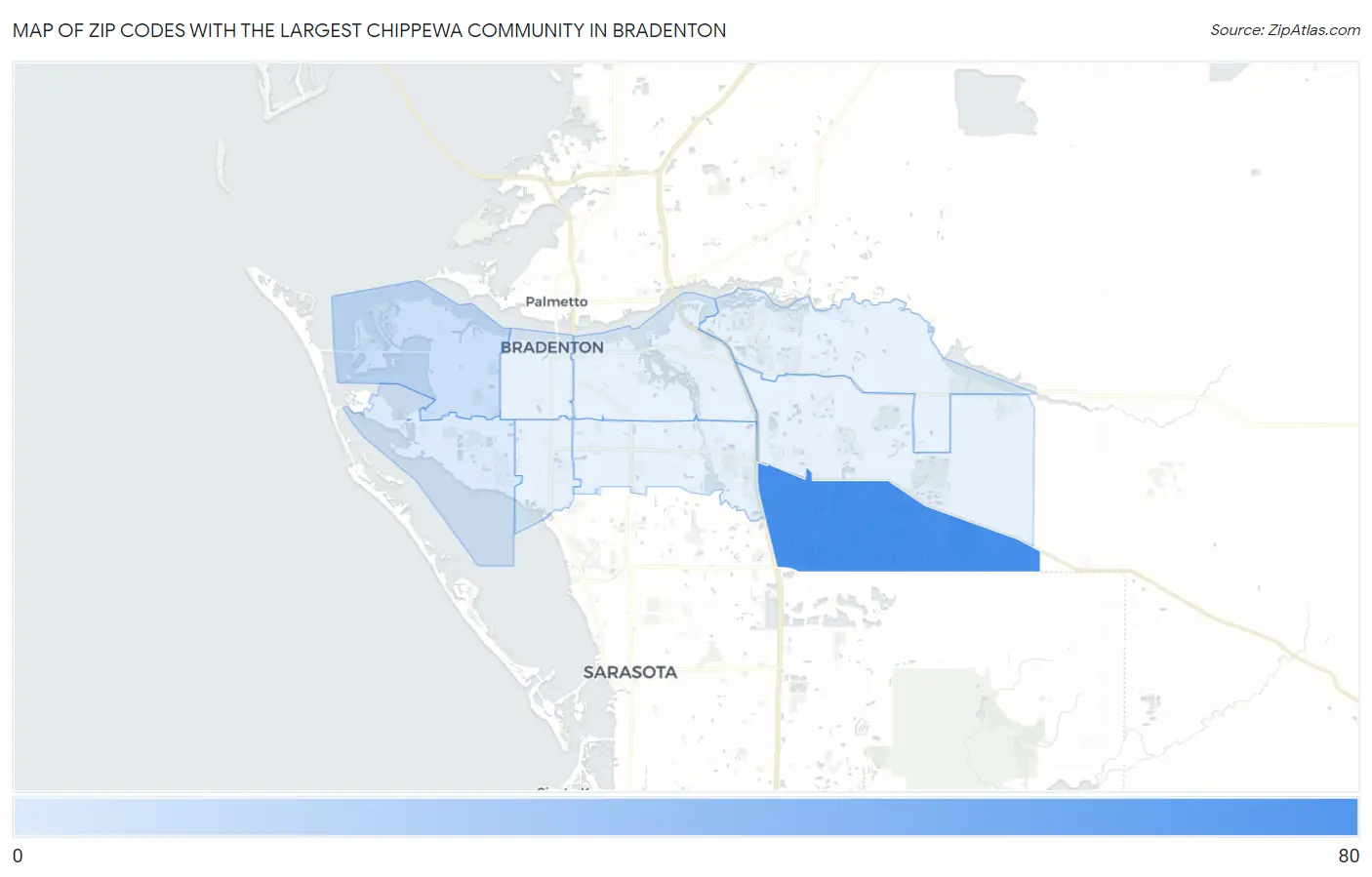 Zip Codes with the Largest Chippewa Community in Bradenton Map