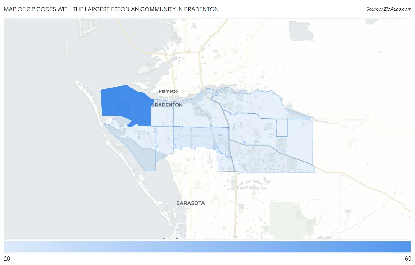 Zip Codes with the Largest Estonian Community in Bradenton Map