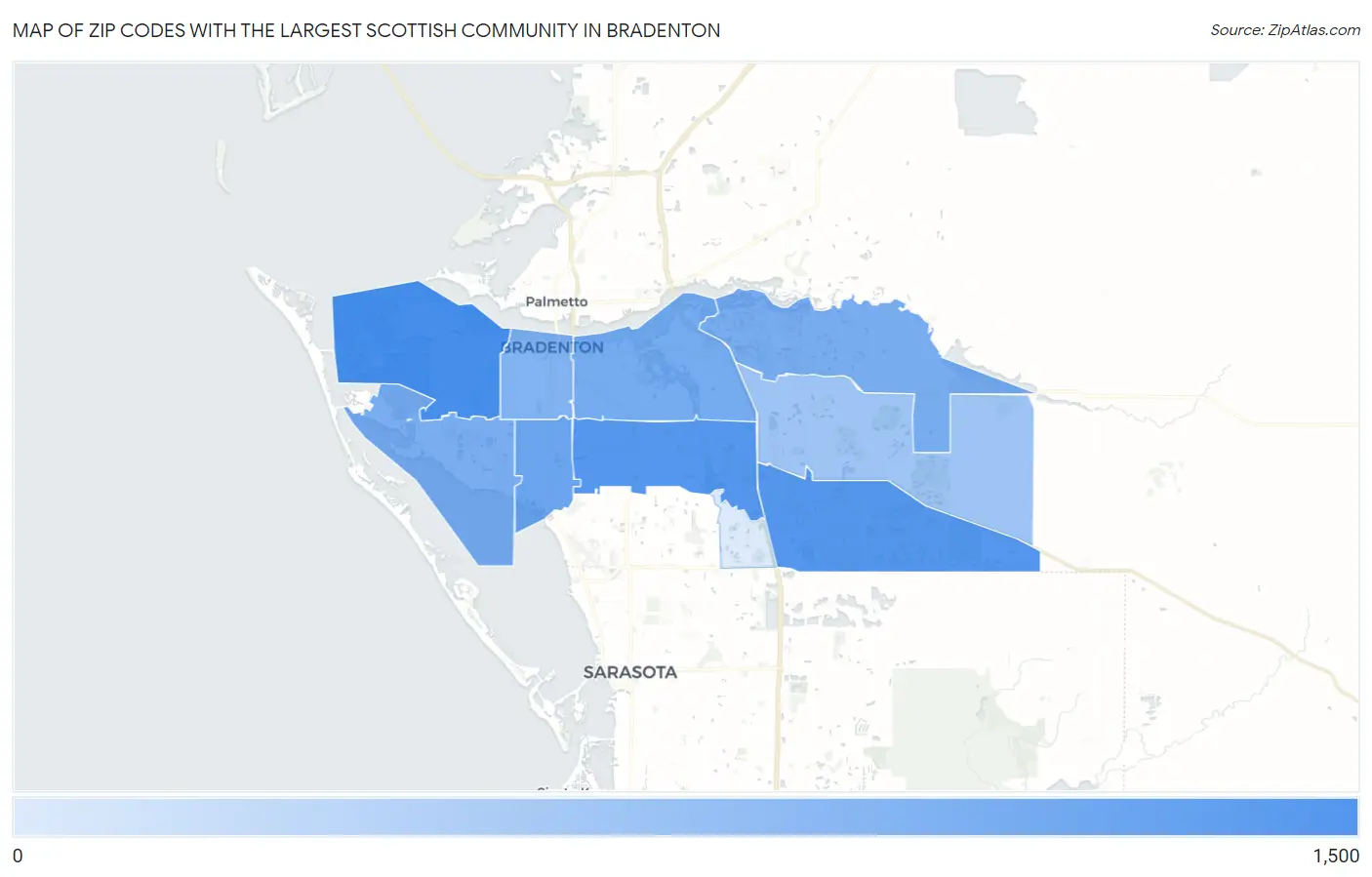 Zip Codes with the Largest Scottish Community in Bradenton Map