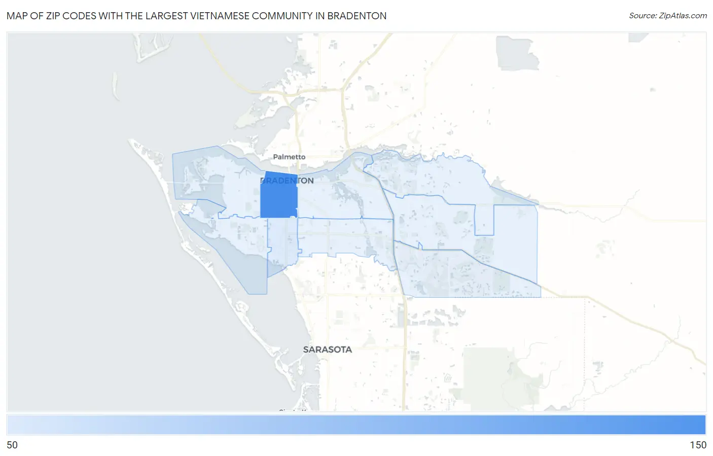 Zip Codes with the Largest Vietnamese Community in Bradenton Map