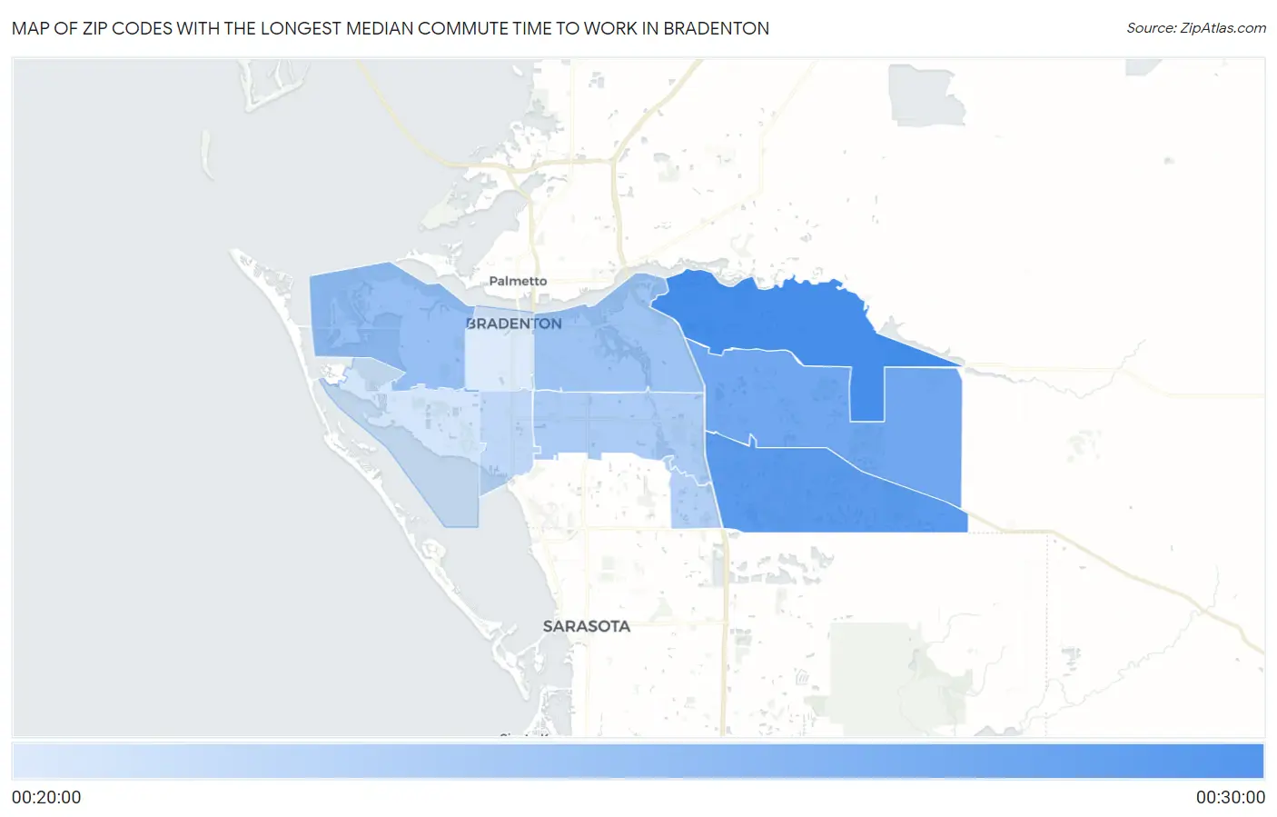 Zip Codes with the Longest Median Commute Time to Work in Bradenton Map