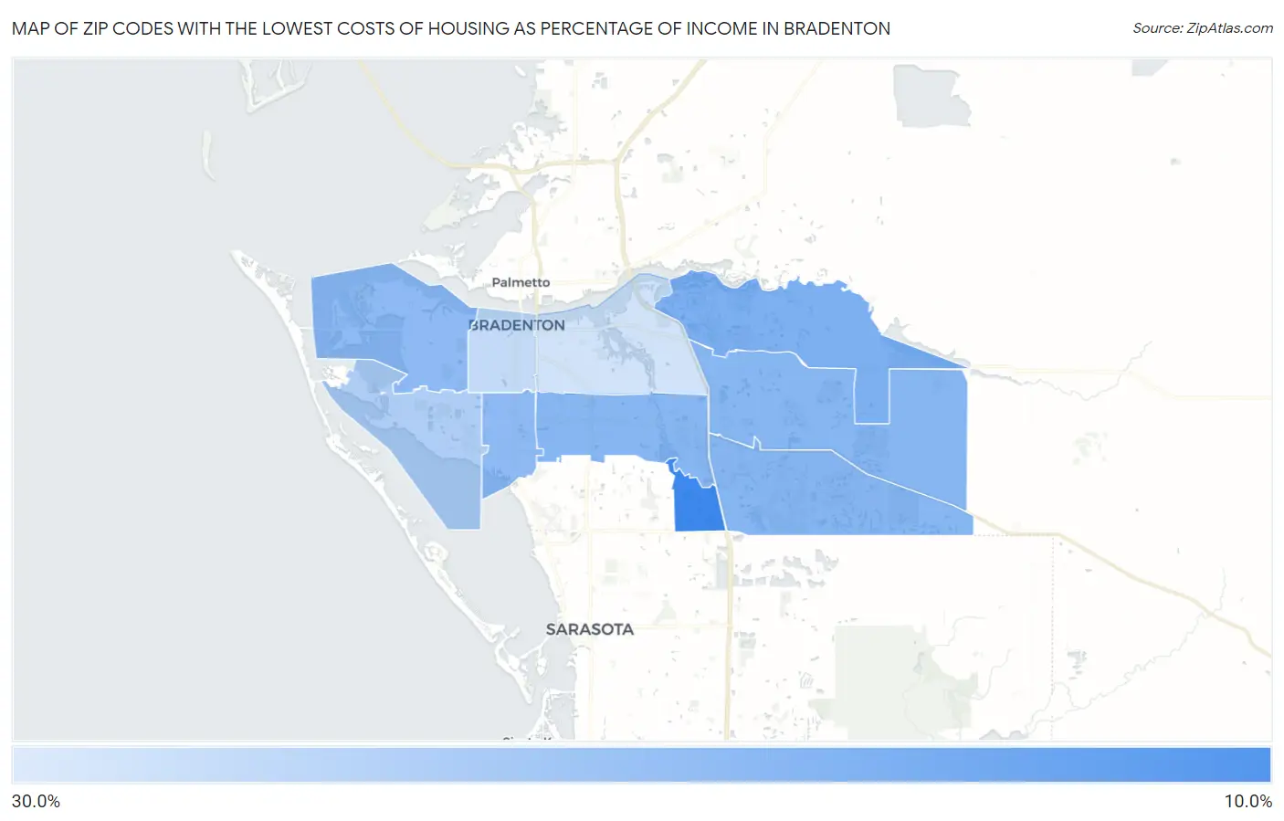 Zip Codes with the Lowest Costs of Housing as Percentage of Income in Bradenton Map