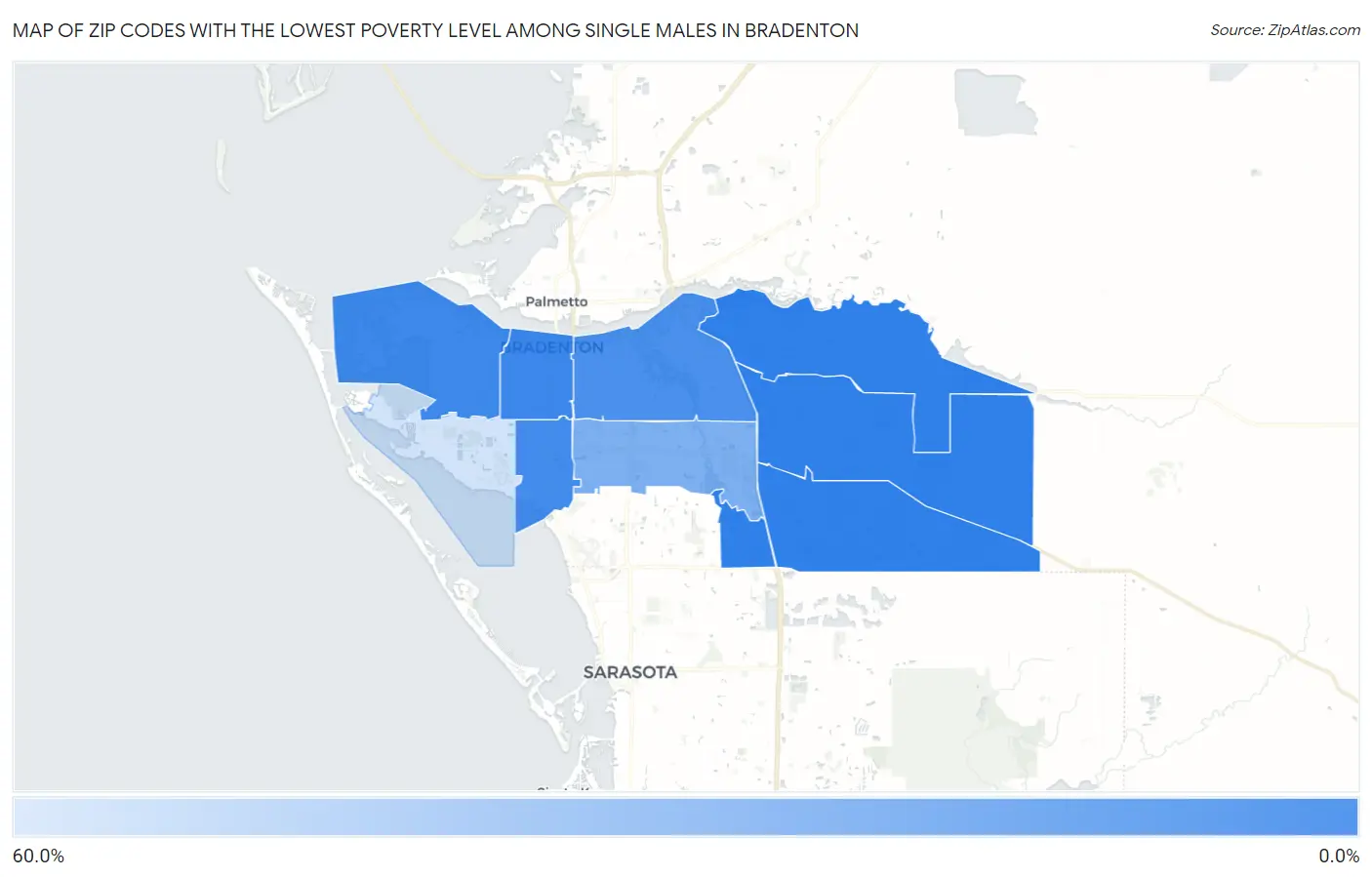 Zip Codes with the Lowest Poverty Level Among Single Males in Bradenton Map
